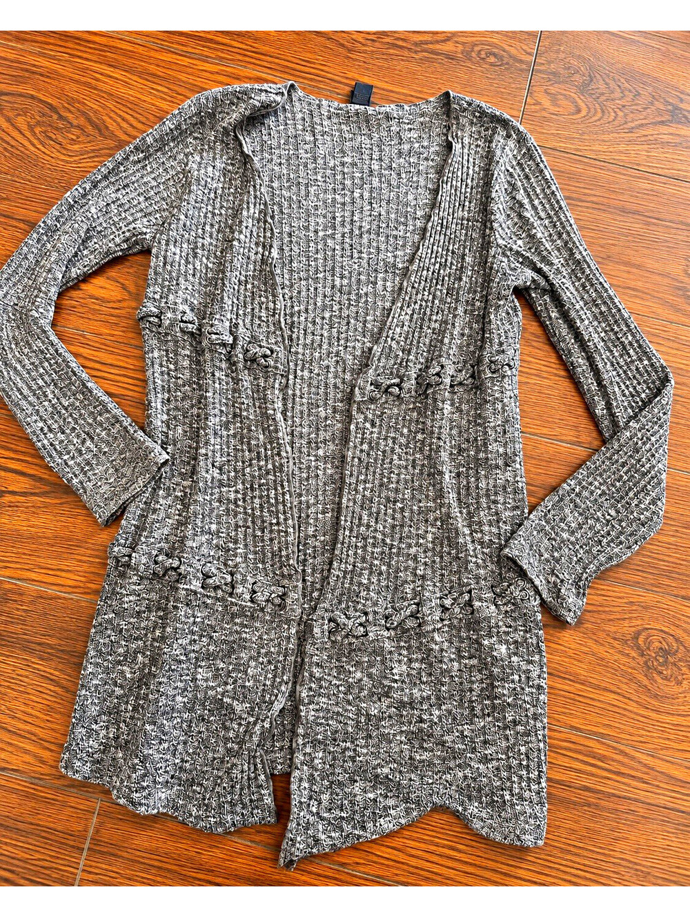 Women’s Gray Solid Rib-Knit V-Neck Open Front Ruffle LS Cardigan EUC Size Small